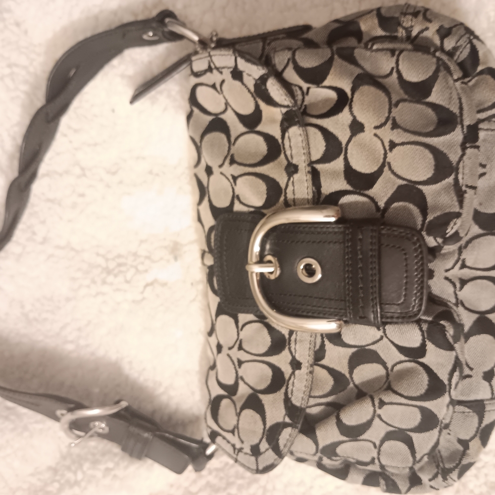 Coach Signature Canvas Shoulder Bag in Beige and Black with Buckle